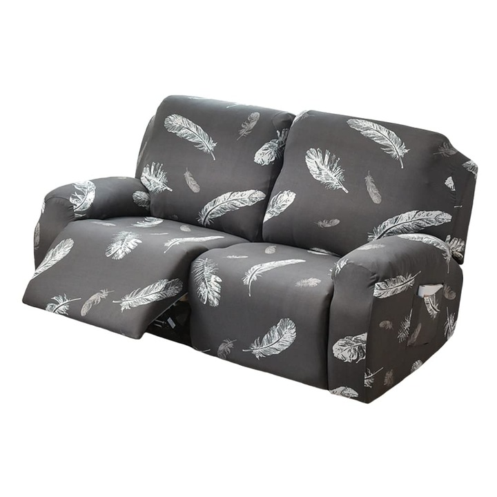 Husa elastica pentru canapea recliner dubla K0369-0807-WG8088, din 92% poliester/8% spandex, imprimat cu pene albe, gri inchis, pentru sezut 50-75 cm