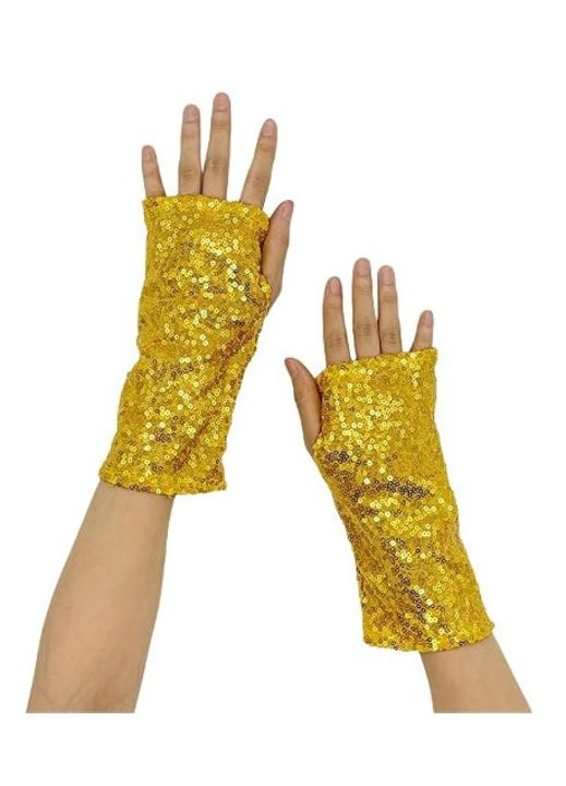 Manusi elegante, lungi, fara degete, din dantela cu paiete, perfecte pentru petreceri stralucitoare, spectacole, nunti si evenimente de seara. Manusi scurte (aurii).