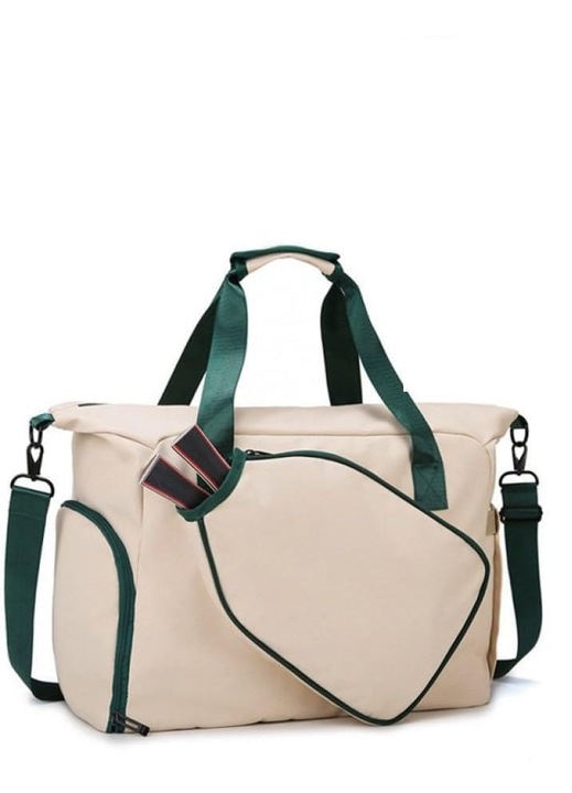 Geanta tenis din nylon si poliester, 2-in-1 cu compartiment pentru incaltaminte si buzunar pentru pana la 4 rachete, bej/verde, marime mare, model K0472-0805-XL4794