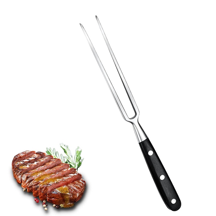 Furculita pentru carne K0369-0804-WG7970, otel inoxidabil cu maner din lemn, varfuri ascutite, 30 cm, argintiu/negru