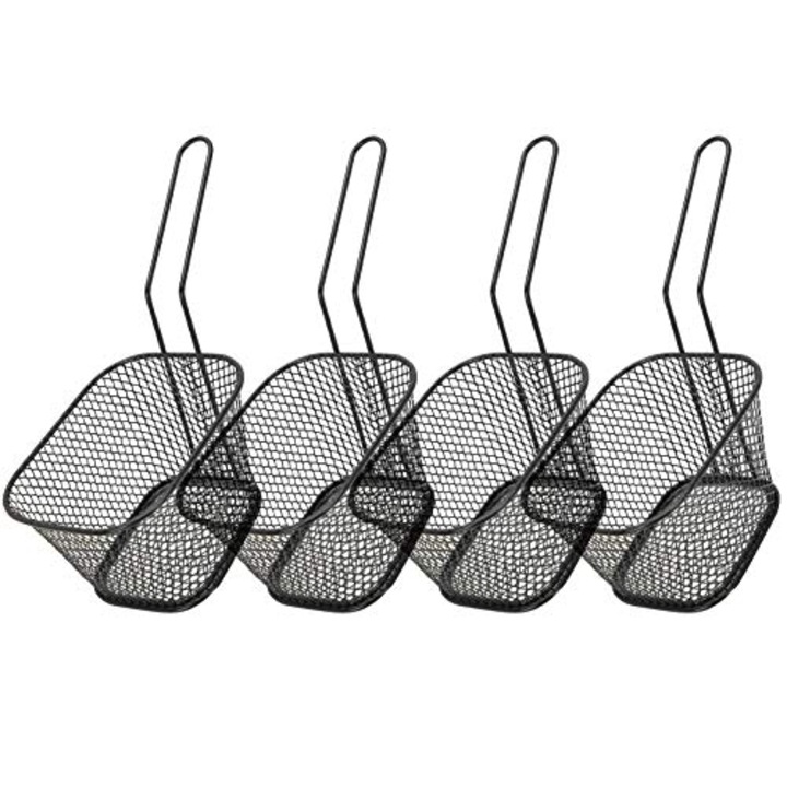 Cosulete mini pentru servire, set 4, cos pentru prajit cartofi din plasa metalica, negru, 10.5 x 8.7 x 8.5 cm, K0472-0806-XL4848