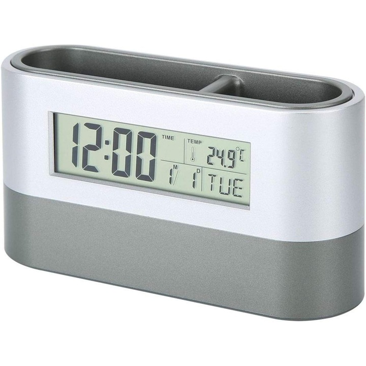 Suport de birou pentru pixuri K0369-0710-WG7213, ceas digital cu afisaj LCD, alarma, calendar, termometru, iluminare de fundal, argintiu/gri