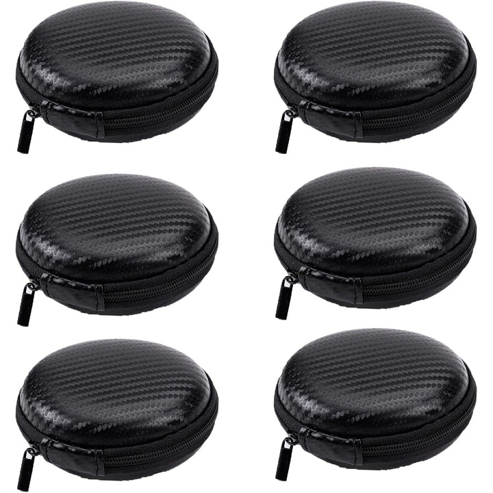 Etui rotund pentru casti din EVA tare cu exterior PU K0369-0710-WG7216, negru, set 6 buc, 8 cm
