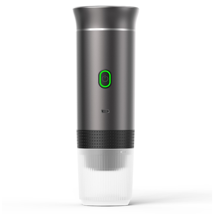 Espressor portabil K0204-20260822-20, compatibil capsule de diferite dimensiuni si cafea macinata, incalzire wireless, incarcare USB-C, gri