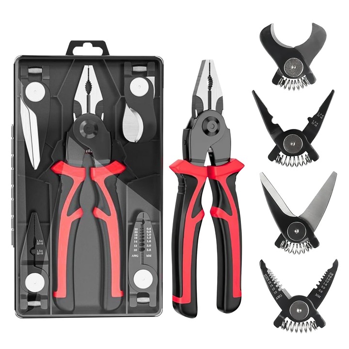 Alicat multifunctional pentru electricieni K0369-0806-WG8054, 5 capete interschimbabile (dezizolator 22–10 AWG, sertizare, taiere, foarfeca), otel aliat cu strat oxid negru, manere PVC negru/rosu, set
