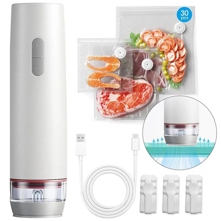 Aspirator vacuum alimentar portabil k0367-0615-HS7078, wireless reincarcabil 800mAh, motor 60 kPa, set cu 30 pungi reutilizabile fara BPA, alb