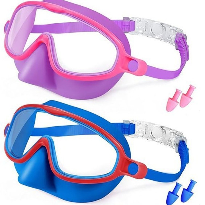 Ochelari de inot din silicon cu lentile PC anti-ceata si protectie UV, camp vizual 180°, etansi, cu dopuri de urechi si curele reglabile, set 2 buc., violet/albastru, copii 3–14 ani
