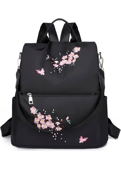 Rucsac anti-furt din nylon pentru femei cu broderie florala, negru, buzunar ascuns pe spate si bretea umar detasabila