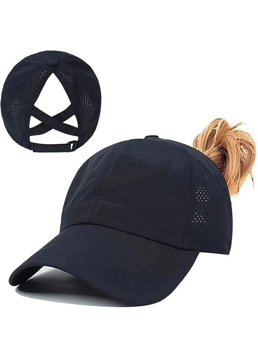 Sapca baseball in nylon si poliester, cu deschidere pentru coada de cal si barete incrucisate la spate, ajustabila cu catarama, respirabila, protectie UV, bleumarin, marime unica