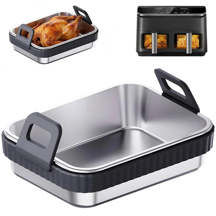 Tava din otel inoxidabil pentru air fryer K0472-0714-XL4022, manere detasabile din silicon rezistent la caldura, fara BPA, lavabila in masina de spalat, argintiu/gri