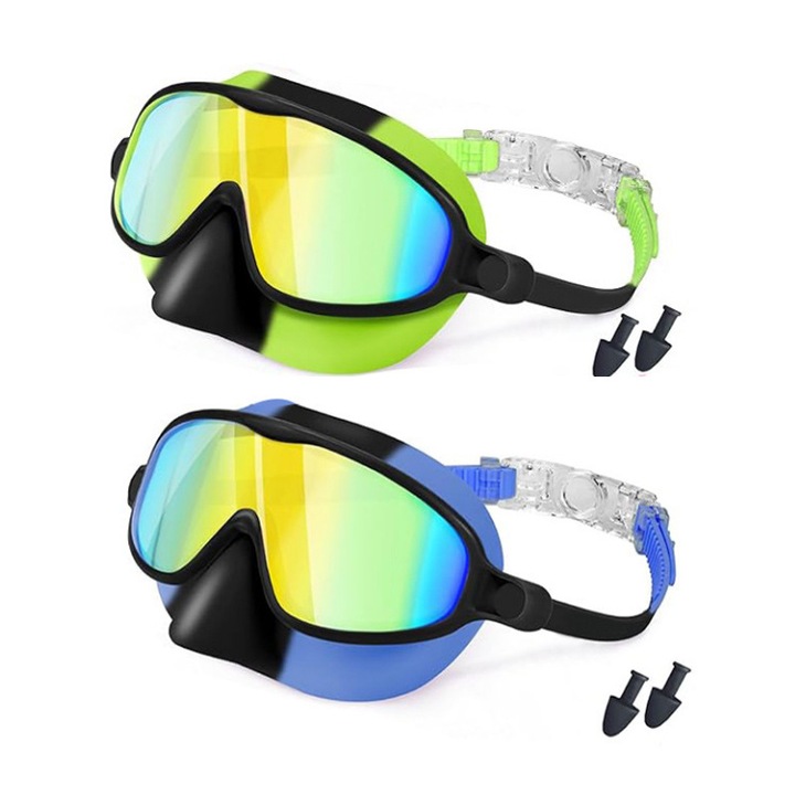 Gogle de inot din silicon, set 2 bucati cu dopuri pentru urechi, lentile anti-aburire cu protectie UV si vizor ultra-larg 180°, pentru copii 3-14 ani, verde/albastru, model k0367-0701-HS7233