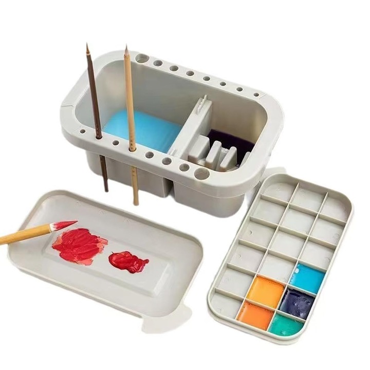 Recipient curatare si organizator pensule pentru pictura, suport din plastic in 3 straturi cu compartimente detasabile, paleta capac si 18 tavite, gri, model K0472-0730-XL4603