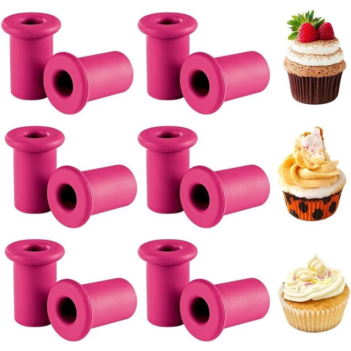Set 12 forme din silicon pentru cupcakes K0472-0725-XL4416, pentru umplere (insert), reutilizabile si rezistente la temperatura, roz