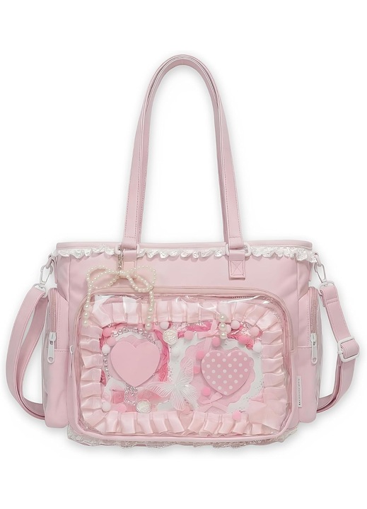 Geanta tote ITA din imitatie de piele cu fereastra transparenta pentru insigne, interior detasabil, buzunare laterale transparente, dantela, roz pal, K0472-0723-XL4303