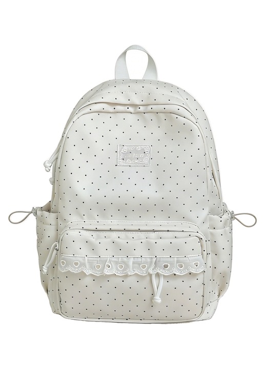 Rucsac din canvas cu buline si detaliu dantela (model K0472-0722-XL4300), bej cu buline, pentru laptop 14 inch