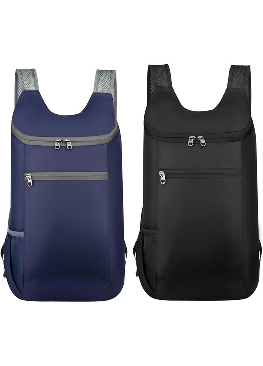 Set 2 rucsacuri pliabile din poliester, impermeabile si rezistente la rupere, ultrausoare (≈80 g), cu fermoar dublu, buzunar frontal si buzunar lateral pentru sticla, albastru inchis/negru