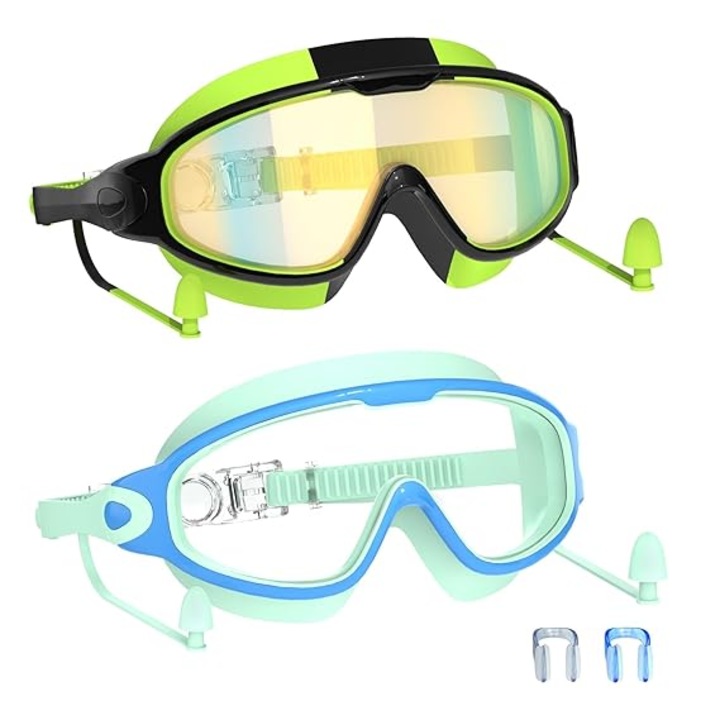 Ochelari de inot pentru copii, cu cadru din silicon si lentile policarbonat, anti-aburire UV400, cu dopuri de urechi si sistem snap-on, model k0367-0608-HS6861, verde/albastru deschis, marime reglabila 3–15 ani