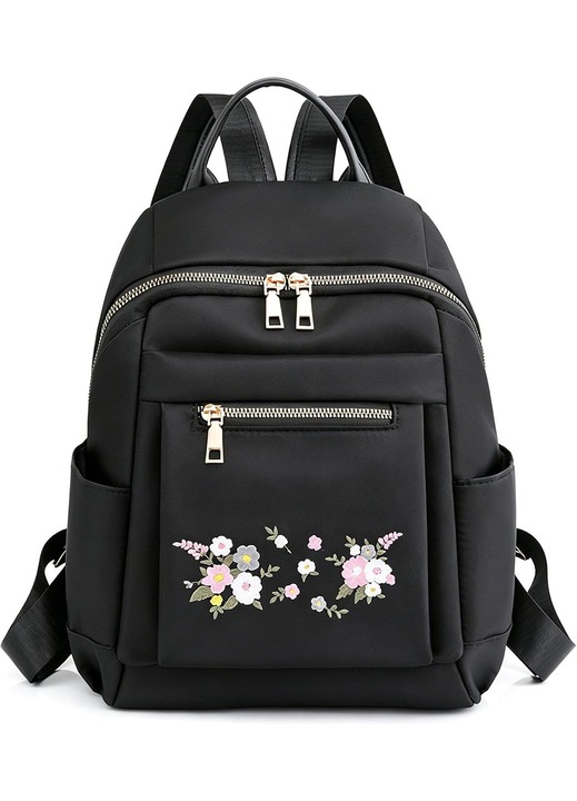 Rucsac dama din Oxford impermeabil, convertibil backpack/handbag/crossbody 3-in-1, buzunar anti-furt, broderie florala, negru