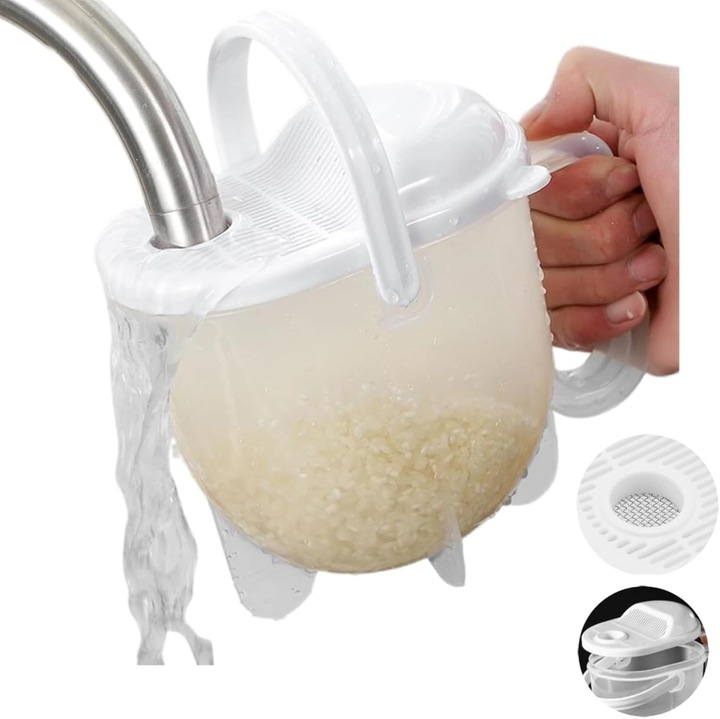 Strecuratoare pentru orez si legume cu maner, capac cu sita fina si marcaje de masurare, alb/transparent