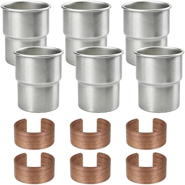 Set de 6 cani din otel inoxidabil 300 ml fara maner, cu mansoane din lemn, stivuibile, argintiu/maro, K0472-0804-XL4738