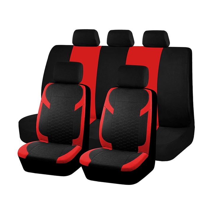 Huse pentru scaune auto k0367-0610-HS6961, set complet 9 piese, universal, din poliester si spuma, lavabil, include 5 huse pentru tetiera, negru/rosu