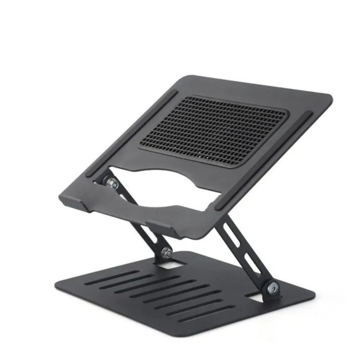 Suport laptop k0367-0715-HS7547, aluminiu, reglabil in inaltime si unghi, pliabil, ventilatie dubla pentru racire, pad-uri antiderapante din silicon, capacitate 5 kg, negru