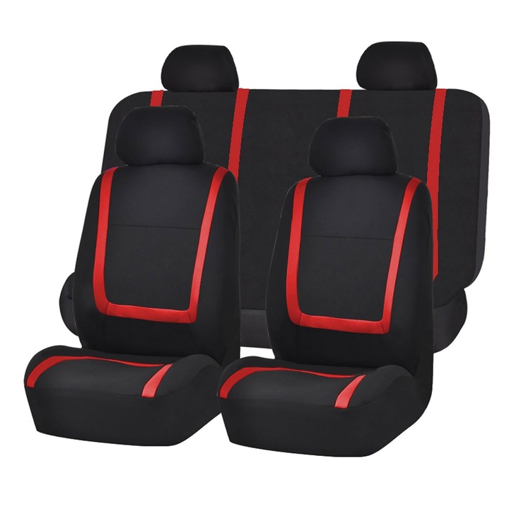 Huse pentru scaune auto k0367-0608-HS6875 din textil, set complet universal cu burete 3 mm si velcro, huse fata low-back si bancheta 2 piese (necompatibila cu rabatare split), lavabile la masina, negru/rosu