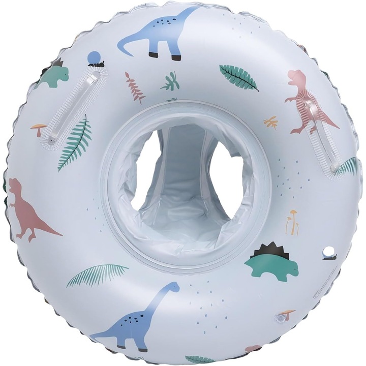 Colac de inot pentru bebelusi k0367-0713-HS7445, cu scaun interior si manere duble, imprimeu dinozauri, alb cu imprimeu multicolor, recomandat 1-5 ani