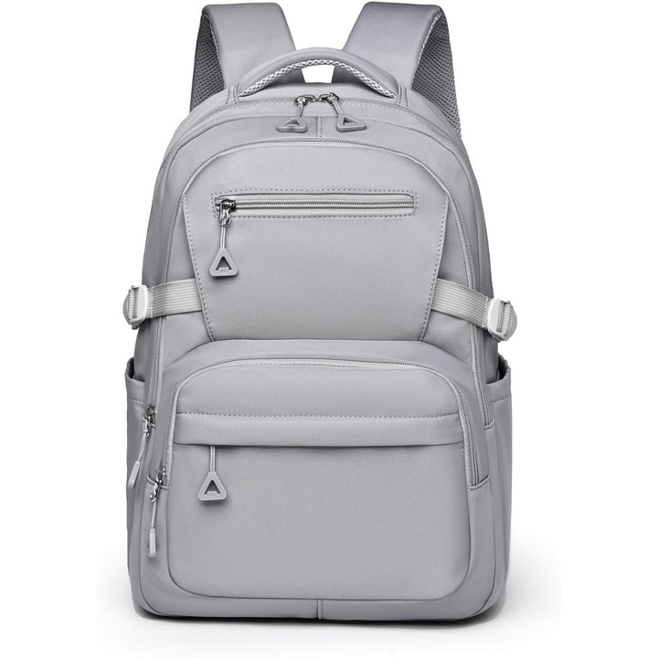 Rucsac pentru laptop din nylon, impermeabil, usor, mare, cu compartiment pentru laptop si buzunare multiple, curele S-intoarse si prindere pentru troler, gri
