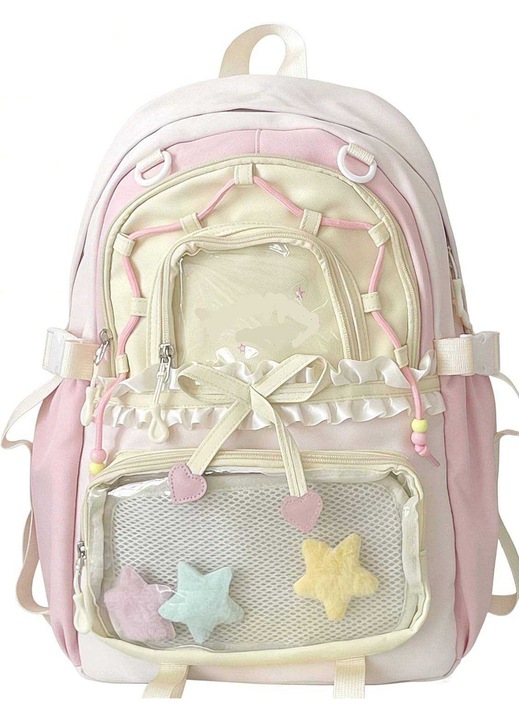 Rucsac textil K0472-0727-XL4449 cu buzunare transparente, aplicatii cu funda si inimioare, roz pal