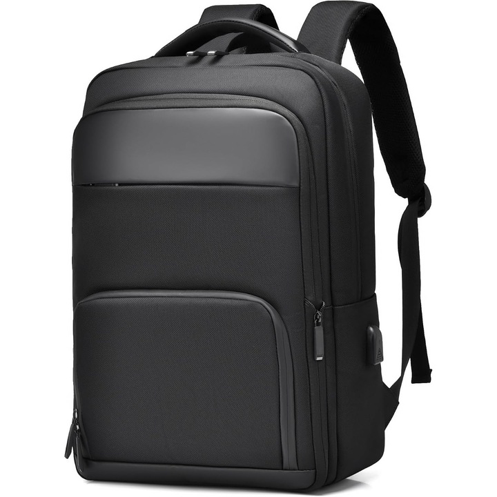 Rucsac laptop din material textil rezistent, extensibil, port USB extern, compartiment pentru laptop 15,6", multiple buzunare, impermeabil, K0472-0727-XL4468, negru