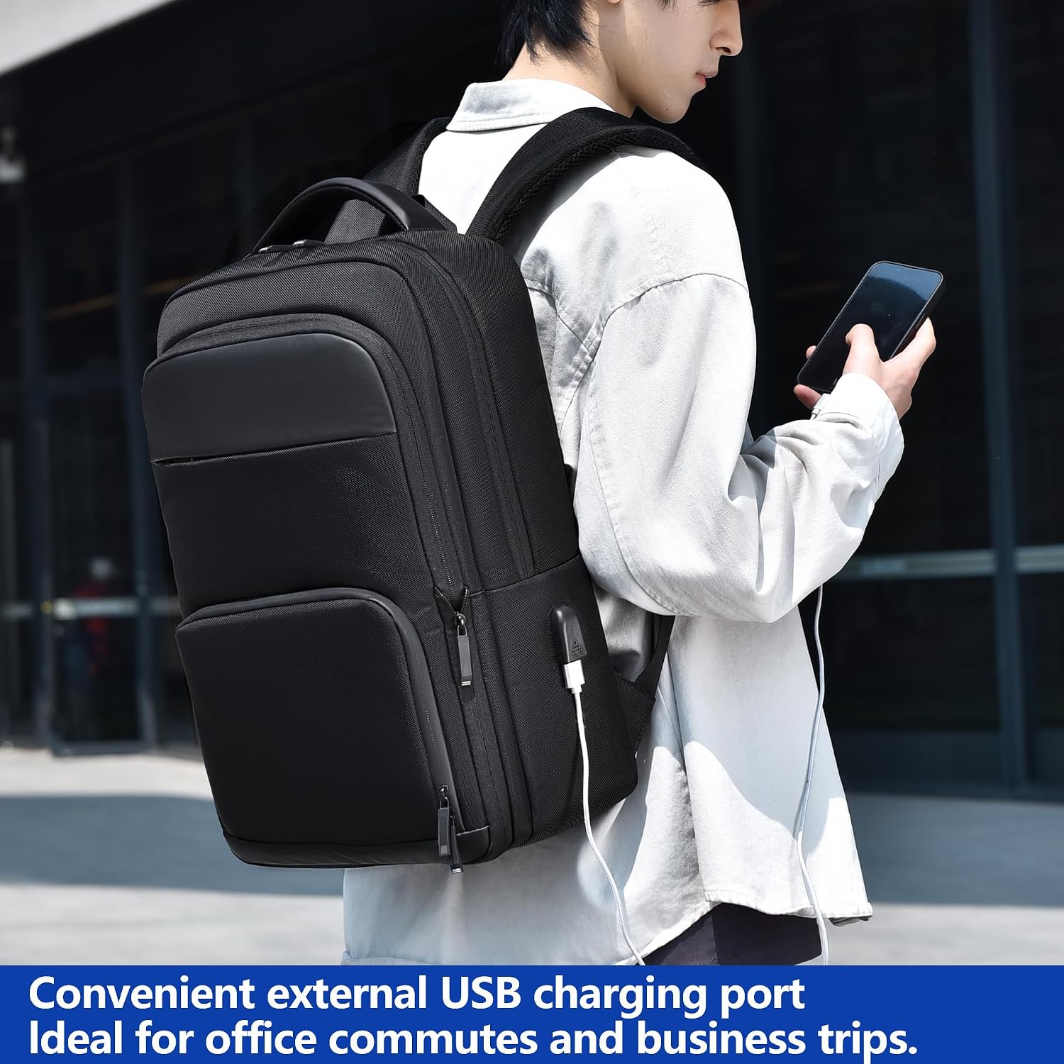 Rucsac laptop din material textil rezistent, extensibil, port USB extern, compartiment pentru laptop 15,6", multiple buzunare, impermeabil, K0472-0727-XL4468, negru