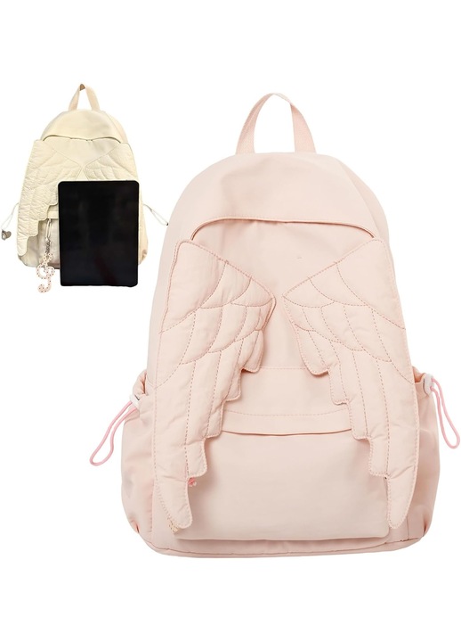 Rucsac din nylon cu aripi decorative, capacitate mare, roz deschis