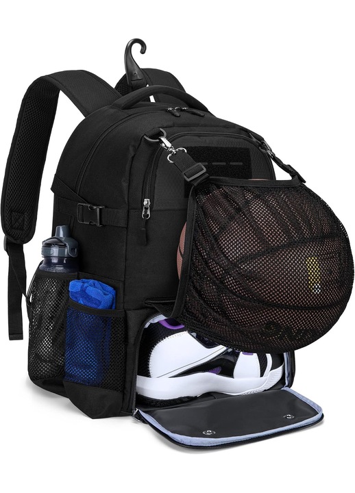 Rucsac sport cu plasa detasabila pentru minge, compartiment ventilat pentru incaltaminte si bretele captusite, negru, K0472-0727-XL4483