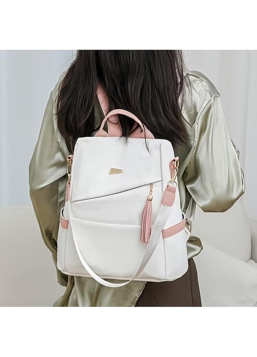 Rucsac antifurt din material sintetic convertibil in geanta, capacitate mare, K0472-0727-XL4484, alb/roz