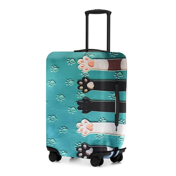 Husa pentru troler K0472-0728-XL4528, imprimeu cu labute de pisica, elastica, din poliester, lavabila, deschidere dubla si fermoar lateral, turcoaz/multicolor, potrivita pentru trolere 22-25 inch (M)