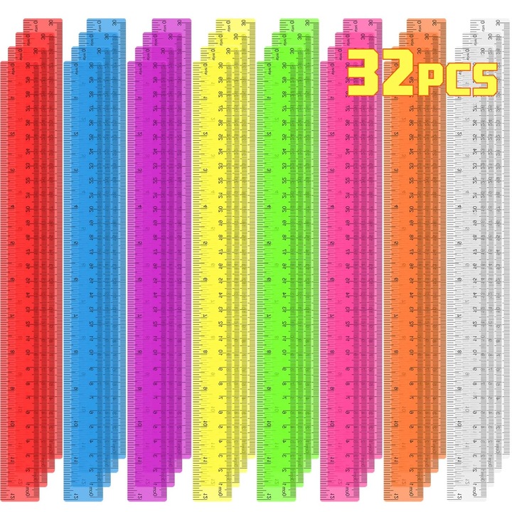 Set 32 rigle din plastic transparent, 30 cm, cu gradatie in cm si inci, multicolor