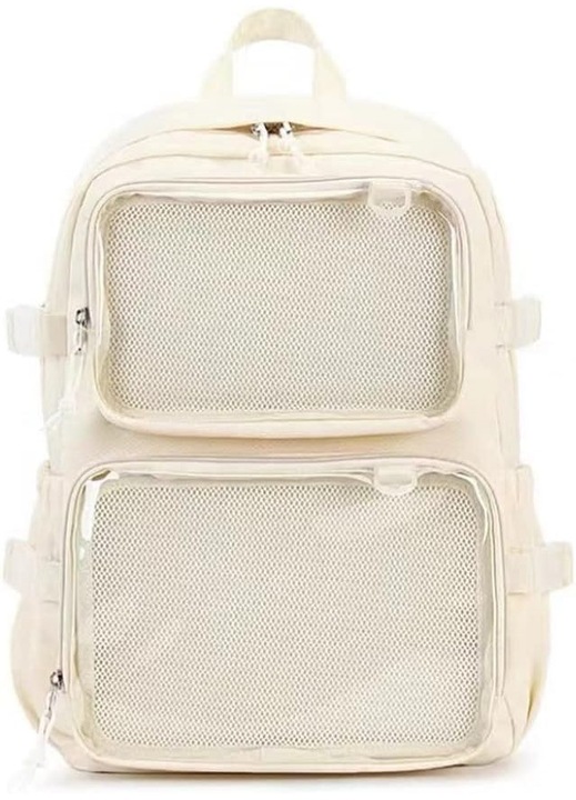 Rucsac cu fereastra transparenta din PVC si material textil pentru femei si adolescente, buzunare frontale transparente, compartimente multiple, include suport pinuri, bej, mare, K0472-0727-XL4453