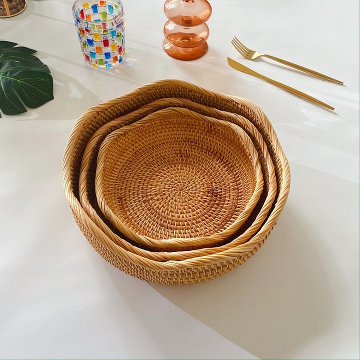 Set de 3 cosuri din rachita K0472-0723-XL4333, impletite cu margine ondulata, natural, pentru fructe si organizare