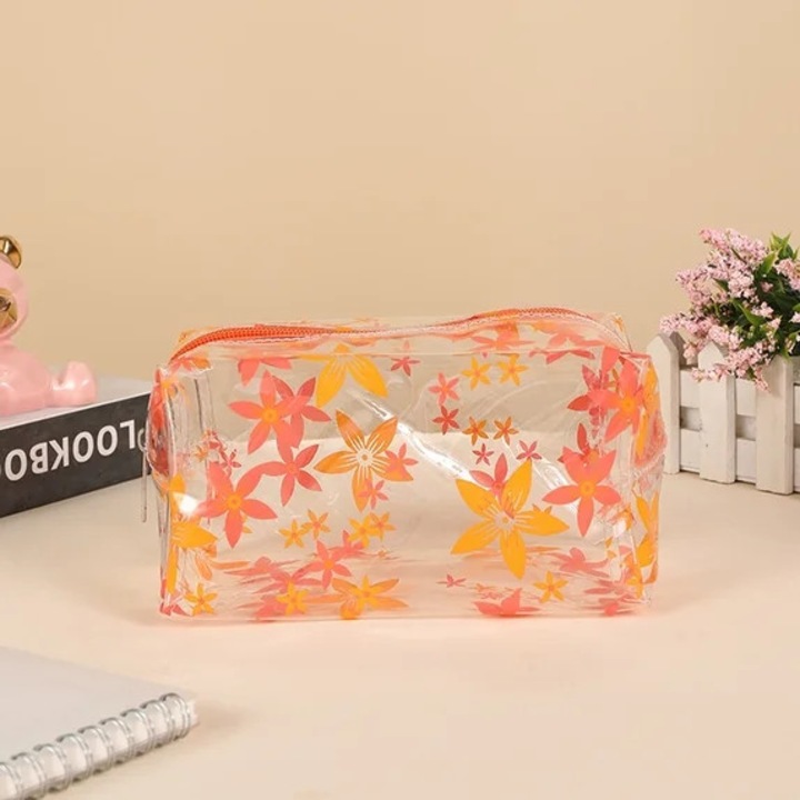 Penar transparent k0367-0722-HS7758, imprimeu floral portocaliu si galben, cu fermoar si maner, capacitate mare