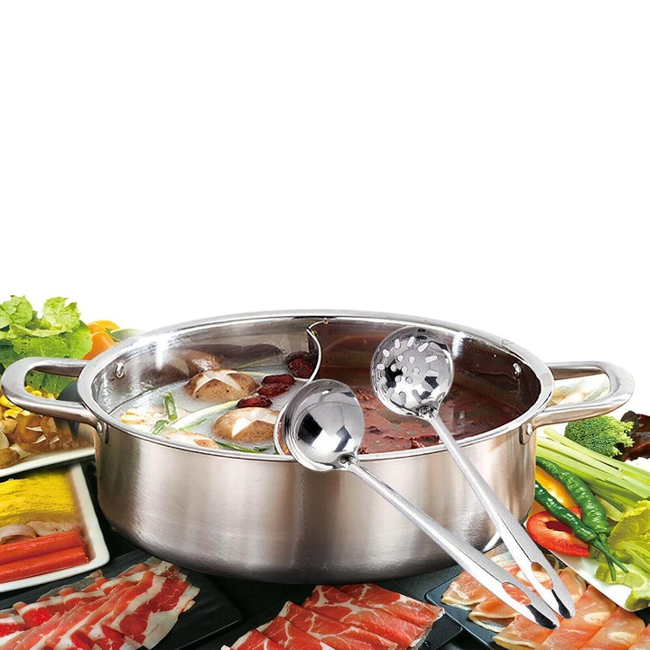 Oala hot pot dubla pentru shabu-shabu K0472-0806-XL4835, din inox, 30 cm, separator central pentru doua supe, compatibila gaz/inductie/halogen/ceramica, include polonic si strecuratoare