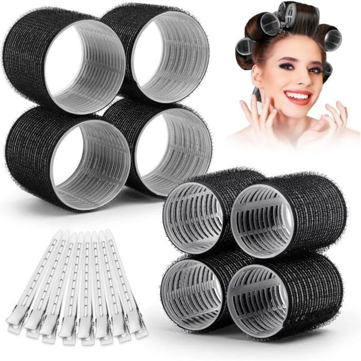 Set de bigudiuri autoadezive din velcro 16 piese (8 bigudiuri - 4 O6 cm, 4 O4.3 cm) cu 8 cleme din inox, negru