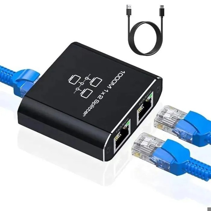Switch LAN 1-in-2 k0367-0723-HS7799, Gigabit 1000 Mbps, 2x RJ45, compatibil Cat5e/6/7/8, carcasa aluminiu, necesita alimentare 5V, negru