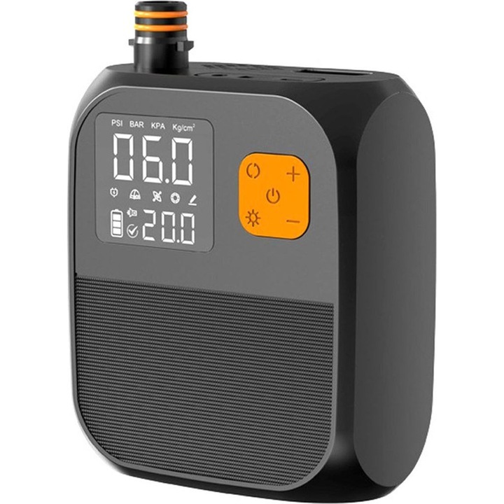 Pompa de aer portabila k0367-0605-HS6813, reincarcabila, afisaj digital cu preseturi inteligente, 25 PSI max, 100 L/min, pentru paddleboard/kayak/saltea/masina, gri inchis/portocaliu