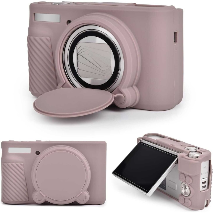 Husa de protectie din silicon pentru Canon PowerShot SX740/SX730, cu capac de obiectiv detasabil si grip antiderapant, decupaje pentru baterie/SD, roz mauve, k0367-0701-HS7224