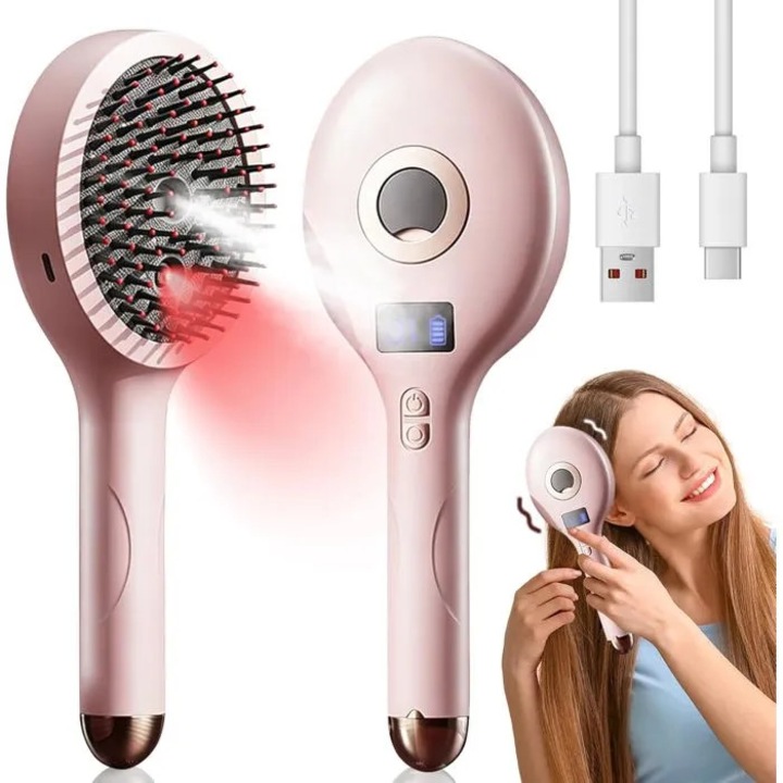 Perie de masaj electric pentru scalp k0367-0709-HS7401, lumina rosie 650nm, rezervor pulverizare 10ml, 6000 vibratii/min, 4 moduri, peri din silicon, ecran LCD, incarcare USB-C, roz