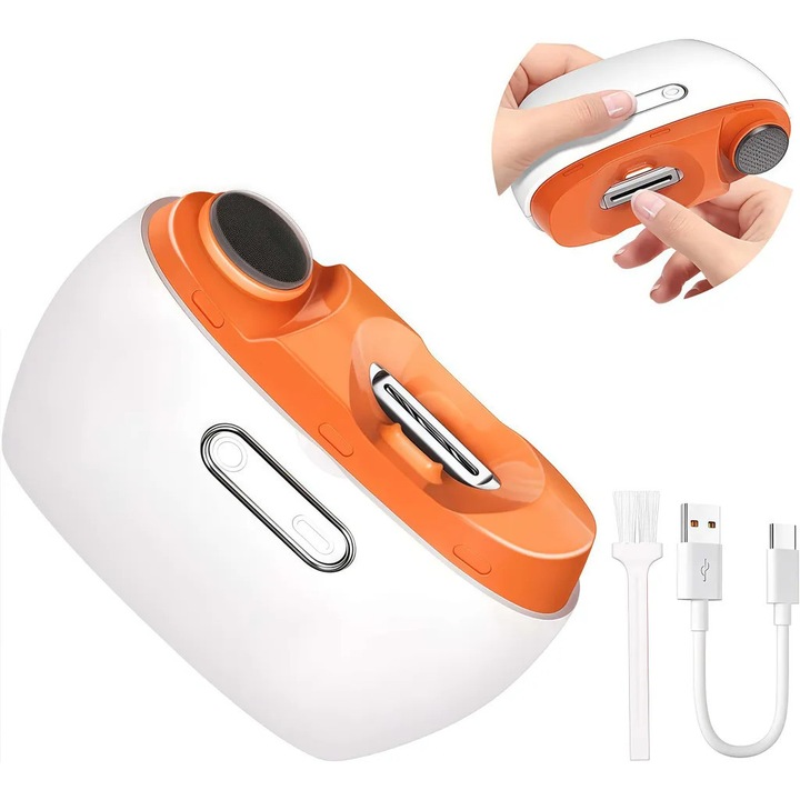Aparat electric pentru taiat si lustruit unghii k0367-0810-HS8370, 2 in 1 (taiere + polish), LED, incarcare Type-C, 2 viteze, baterie 500 mAh, cutie colectare, alb/portocaliu, 8.6 x 5.7 x 3.2 cm