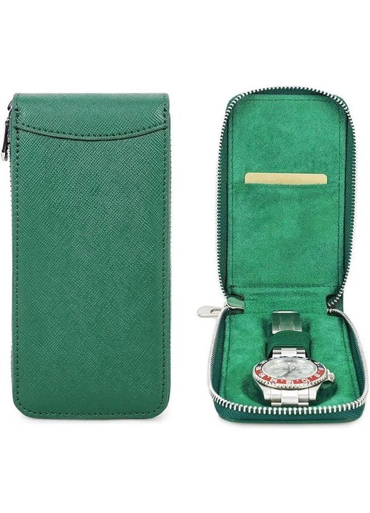 Etui pentru ceas k0367-0811-HS8420, din piele PU cu in, cu fermoar si banda elastica interna, verde