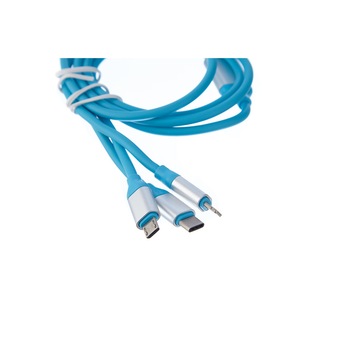 Cablu de Incarcare 3 in 1, MicroUSB, USB tip C, Iphone, 1 metru, Gumat, Albastru Cablu de Incarcare 3 in 1, MicroUSB, USB tip C, Iphone, 1 metru, Gumat, Albastru