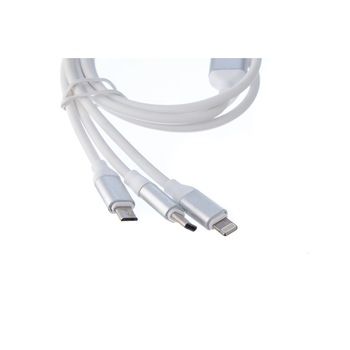 Cablu de Incarcare 3 in 1, MicroUSB, USB tip C, Iphone, 1 metru, Gumat, Alb